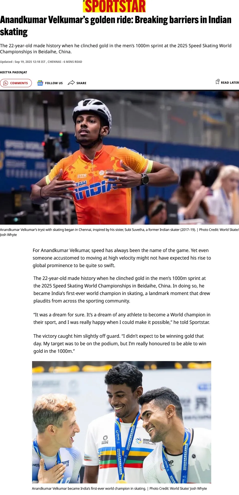 Anand Velkumar featured in Sportstar